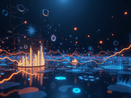 人工智能应用场景展示，包含多个行业图标和数据图表，蓝色背景，现代科技风格