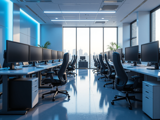 现代化办公空间内部，宽敞明亮的会议室，落地窗采光，蓝色背景，商务专业风格